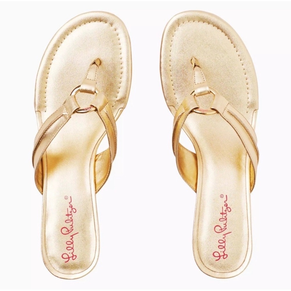 Lilly Pulitzer Wedge Sandals Womens 8 Gold Metallic Raffia Thong Ring Detail
